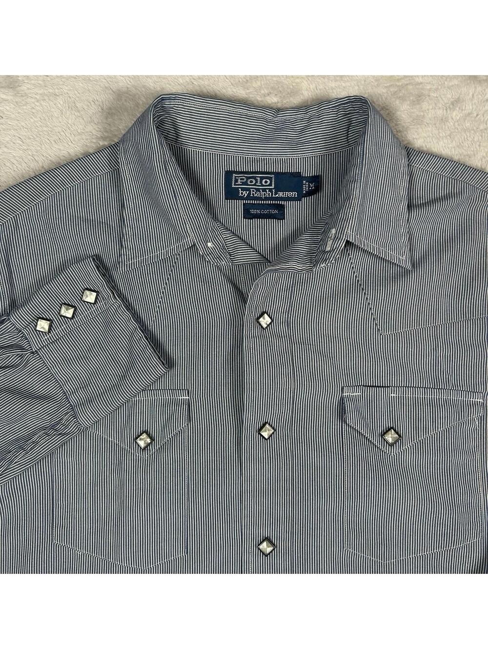 Vintage Polo Ralph Lauren Striped Diamond Pearl Snaps Blue White Mens Medium M